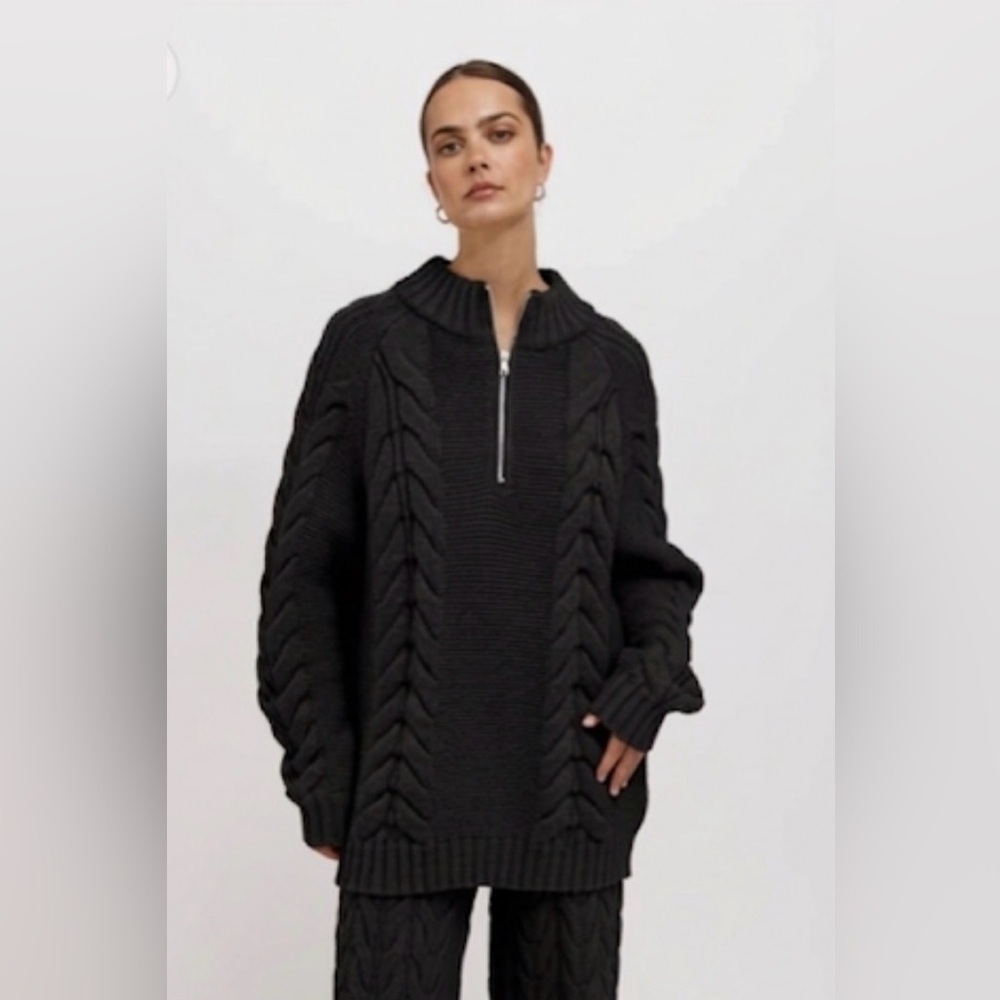 Brunette the Label Sophie Cable Knit 1/2 Zip Black LARGE NWT